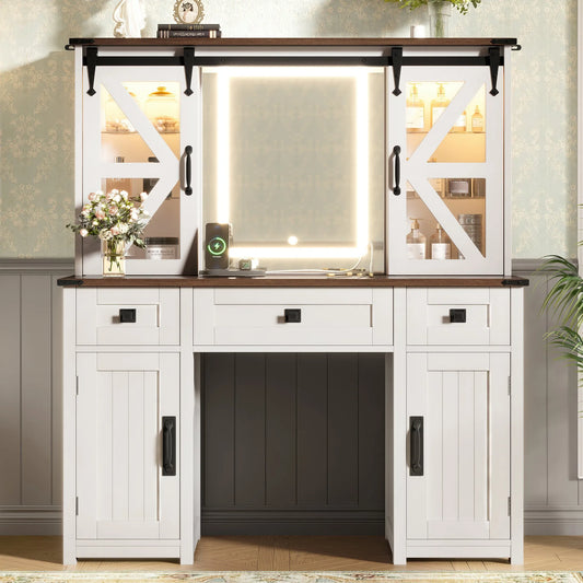 (Stool NOT Included) 43.3' Farmhouse Makeup Vanity Desk with Lighted Mirror, Vanity Table with Charging Station, Dressing Table with Sliding Barn – view 2