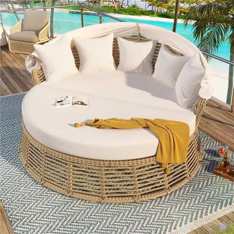 <Old SKU: N704G201243A> Outdoor Patio Rattan Round Daybed with Retractable Canopy, Wicker Furniture Round Poolside Sofa Sunbed with Removable – view 2