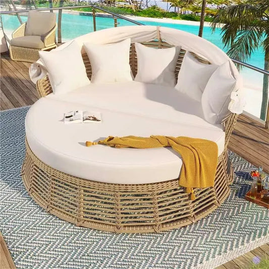 <Old SKU: N704G201243A> Outdoor Patio Rattan Round Daybed with Retractable Canopy, Wicker Furniture Round Poolside Sofa Sunbed with Removable – view 2