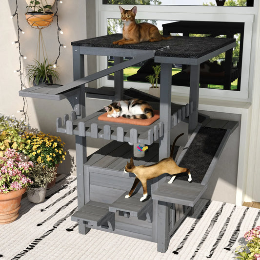 4 Tiers Outdoor Cat House Weatherproof Cat Tree Tower with Waterproof Roof and 2 Doors , Feral Cat Shelter Outside Enclosure, Multi-Level Play Zones – view 2
