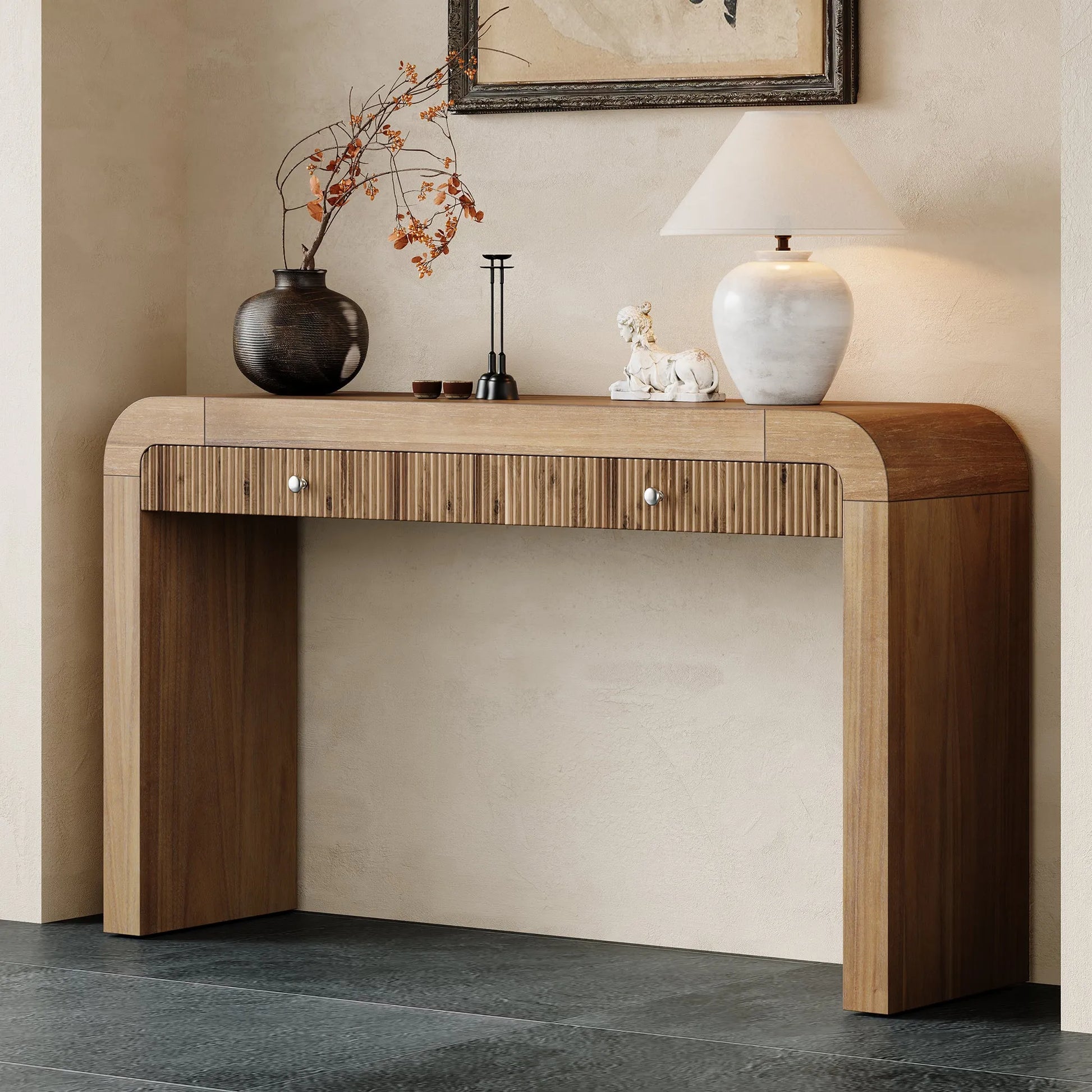 Rustic Console Table with Fluted Drawer Front, Entryway Table with Curved Corners & Thick Legs, Sturdy Sofa Table for Hallway & Living Room (Natural) – view 2