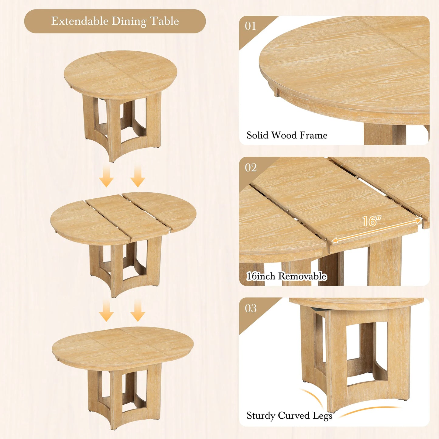 Farmhouse Extendable Round Dining Table with 16inch Removable Leaf for Small Places, Natural – view 2