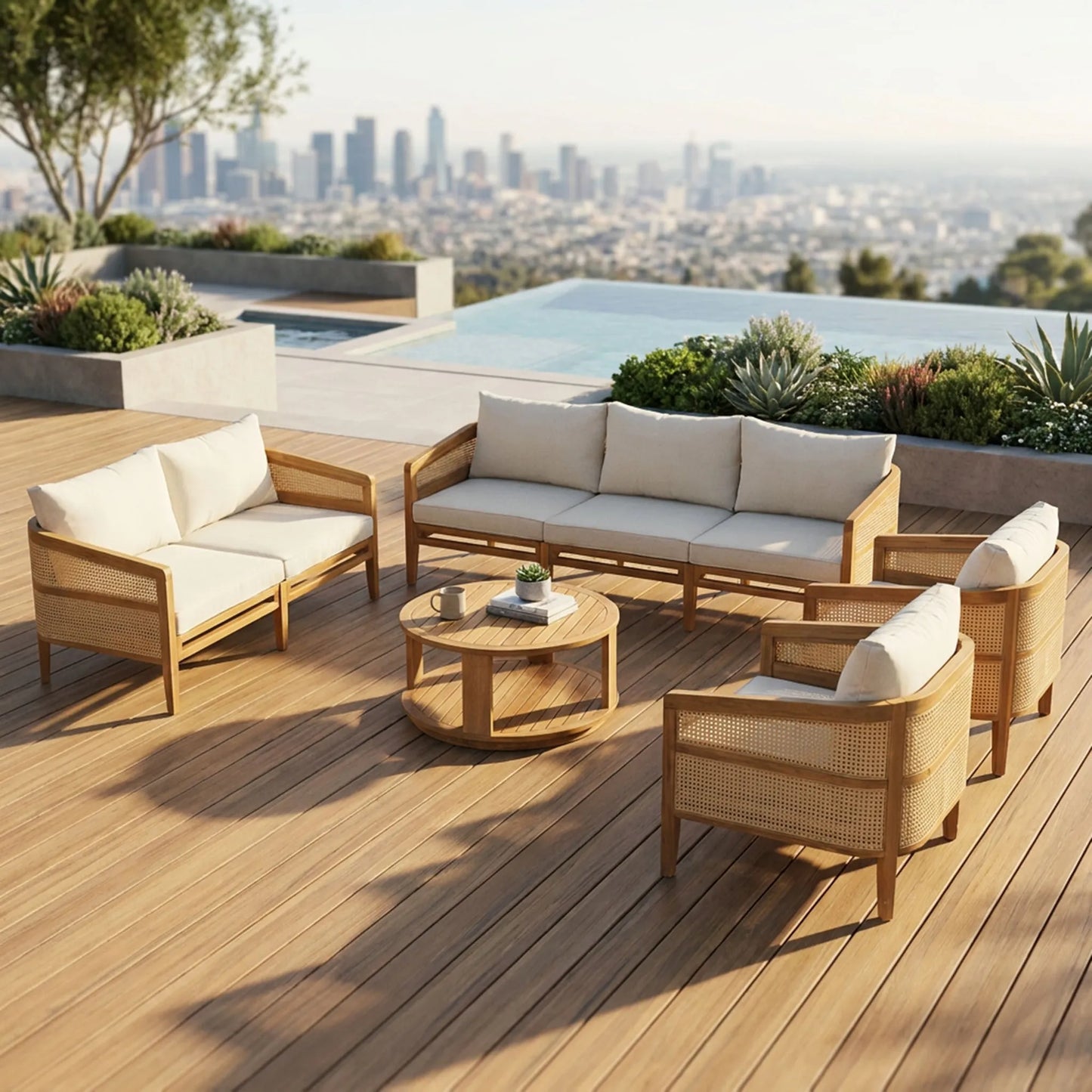 5-Piece Acacia Wood Patio Furniture Set, Modular Outdoor PE Rattan Sofa Set with Loveseat, 2 Armchairs & Round Coffee Table, Water-Resistant Cushions – view 2