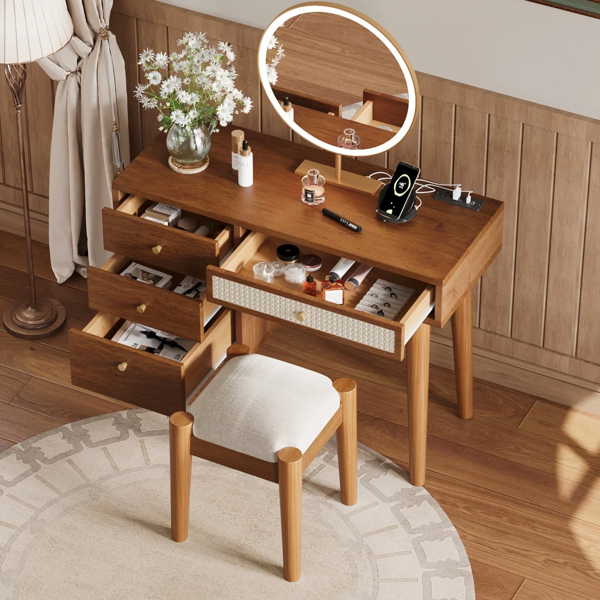 39' Retro Bohemian Style Wooden Makeup Vanity Set with Charging Plug&USB Port and Stool, Dressing Table with 3 Storage Drawers and 1 Rectangular – view 2