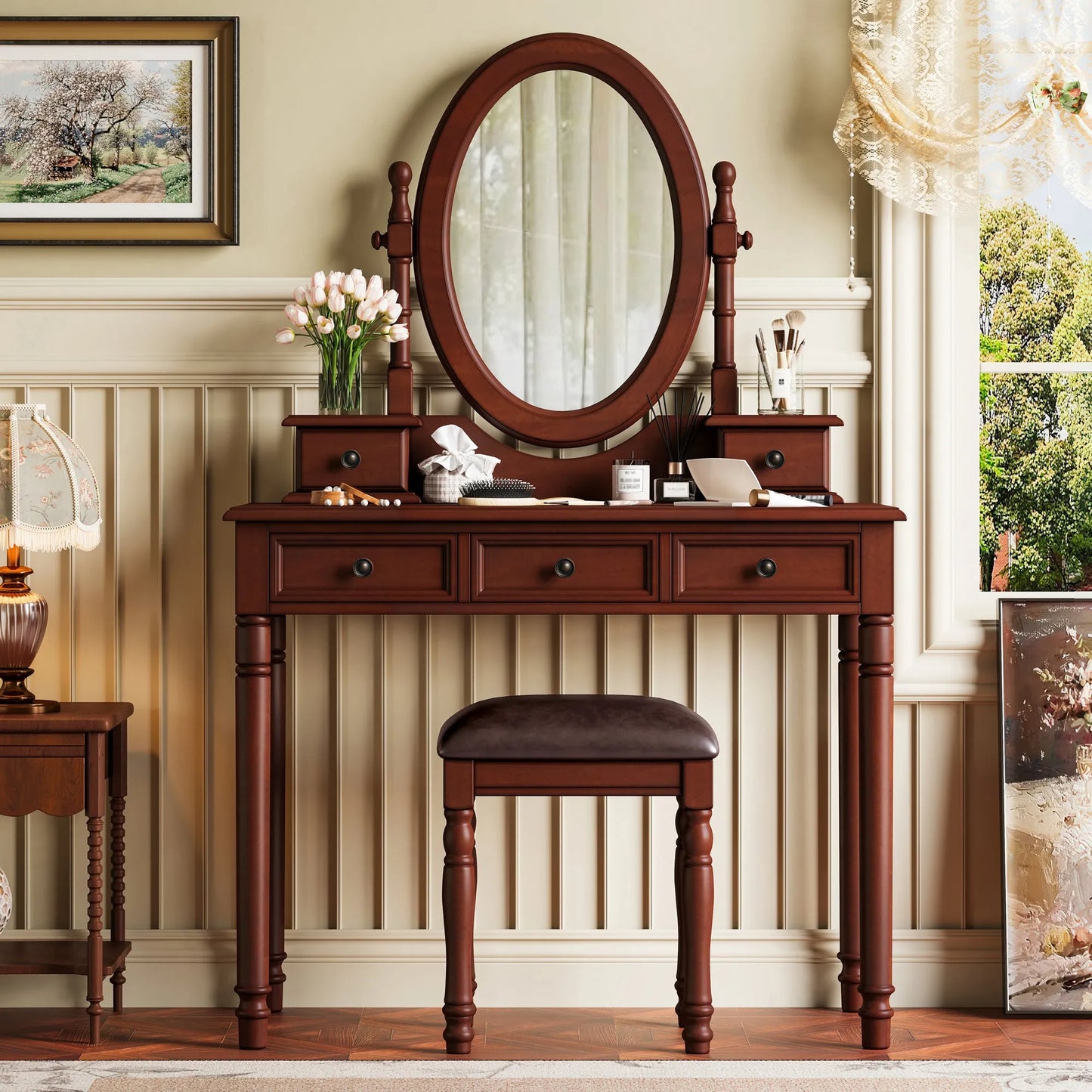 Vanity Desk with Adjustable Angle Mirror, Vintage Vanity Makeup Table and Cushioned Stool Set with Velvet Fabric Lining 5 Drawers,Wooden Dressing – view 2