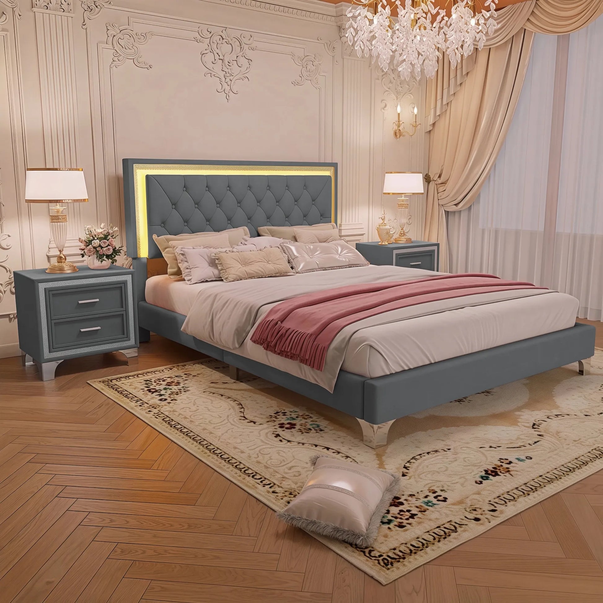 3-Pieces Bedroom Sets,Queen Size Upholstered Platform Bed with LED Lights and Two Nightstands-Gray – view 2