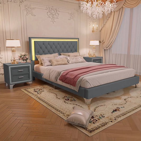 3-Pieces Bedroom Sets,Queen Size Upholstered Platform Bed with LED Lights and Two Nightstands-Gray – view 2
