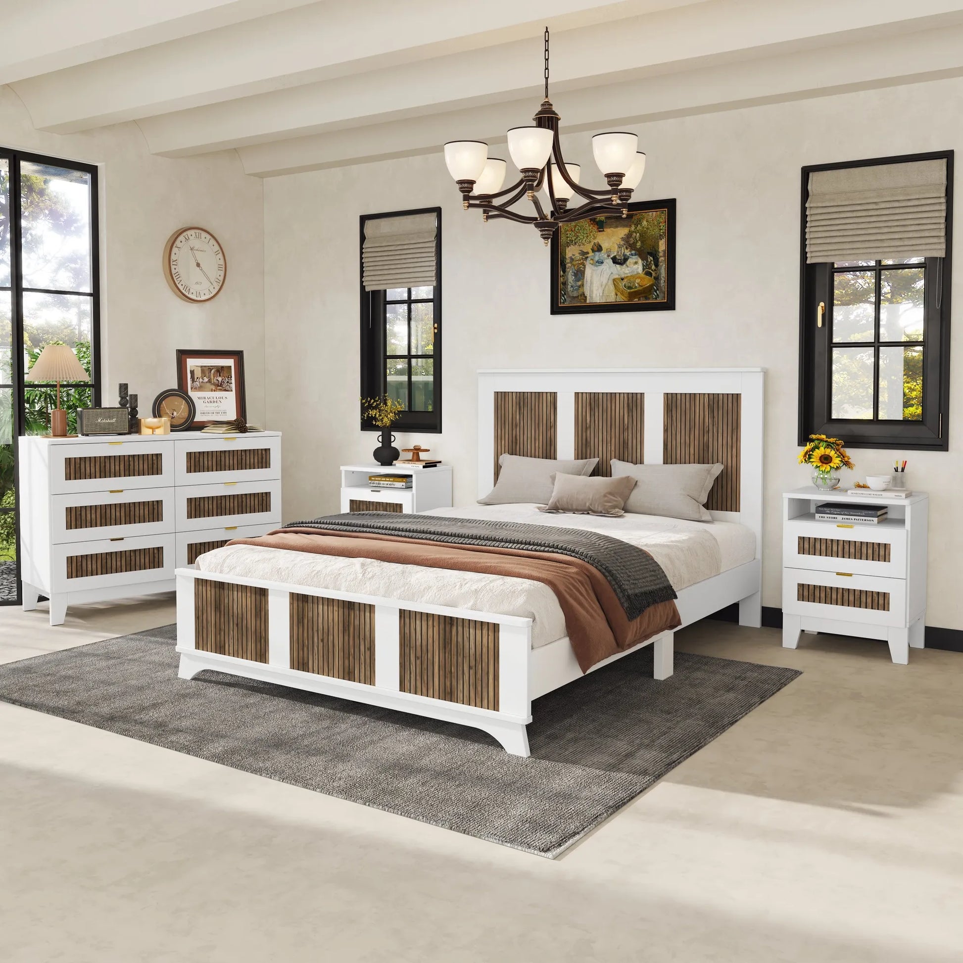 4-Pieces Bedroom Sets, Queen Size Farmhouse Platform Bed with Wooden Strip Stickers Decoration, Storage Nightstand and Dresser with Metal Handle – view 2