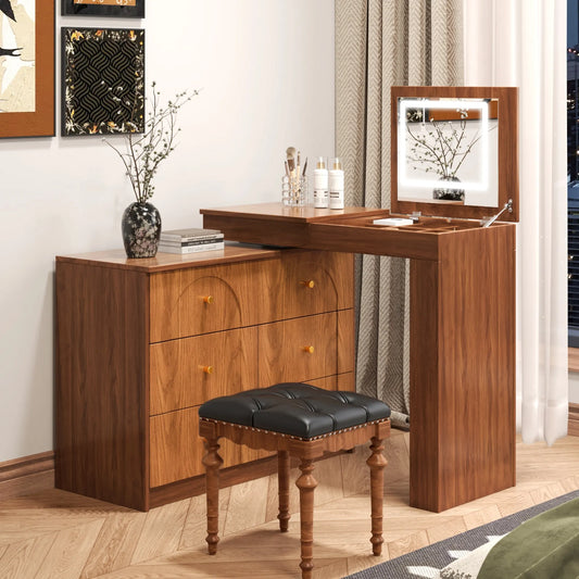 Vanity Desk with Mirror and Lights, Makeup Vanity Table with Flip-Top Tabletop and Storage 7 Drawers, 9 Compartments, 3 Shelves, 3 Color Modes – view 2