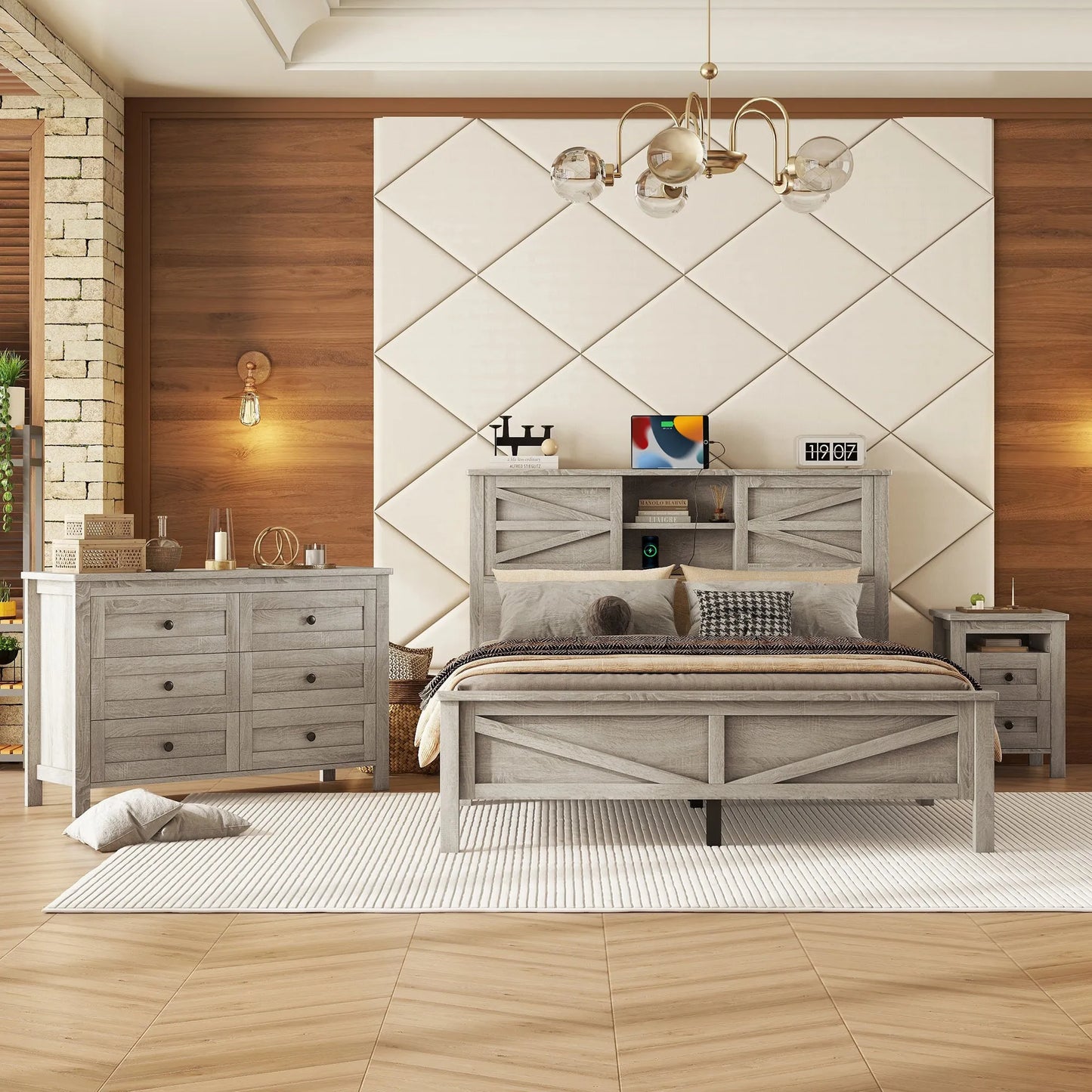 3-Pieces Bedroom Sets Queen Size Farmhouse Platform Bed with Double Sliding Door Storage Headboard and Charging Station, Storage Nightstand and – view 2