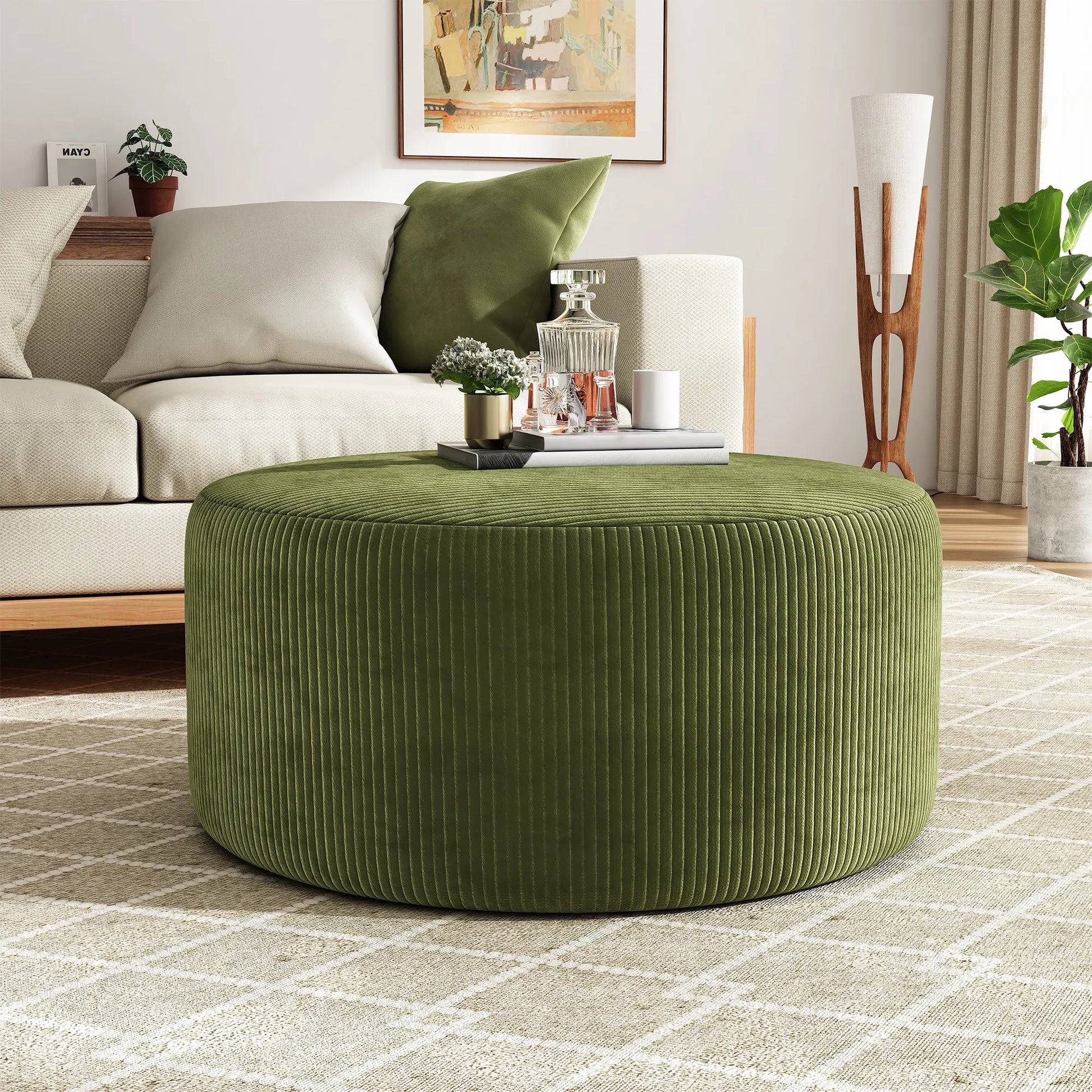 Upholstered Round Ottoman,Olive Green,Corduroy – view 2
