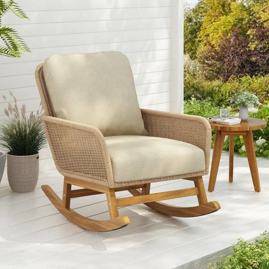 Contemporary Minimalist Beige Wicker Rocking Chair with Soft Polyester Cushions and Wooden Frame – view 2