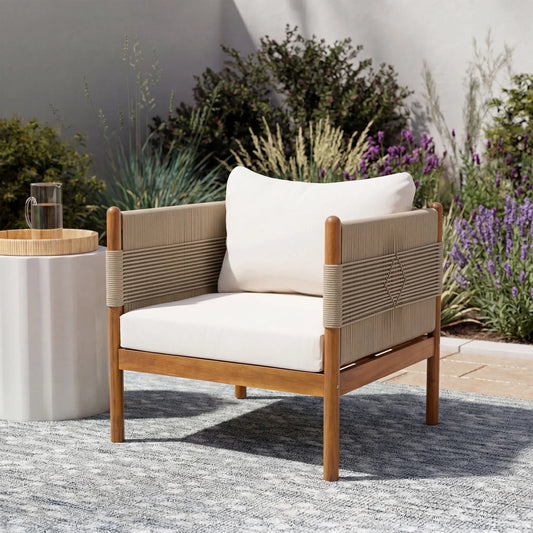 Outdoor Acacia Wood Club Chair with Diamond Rope Weave & Cushions, Teak Finish – view 2