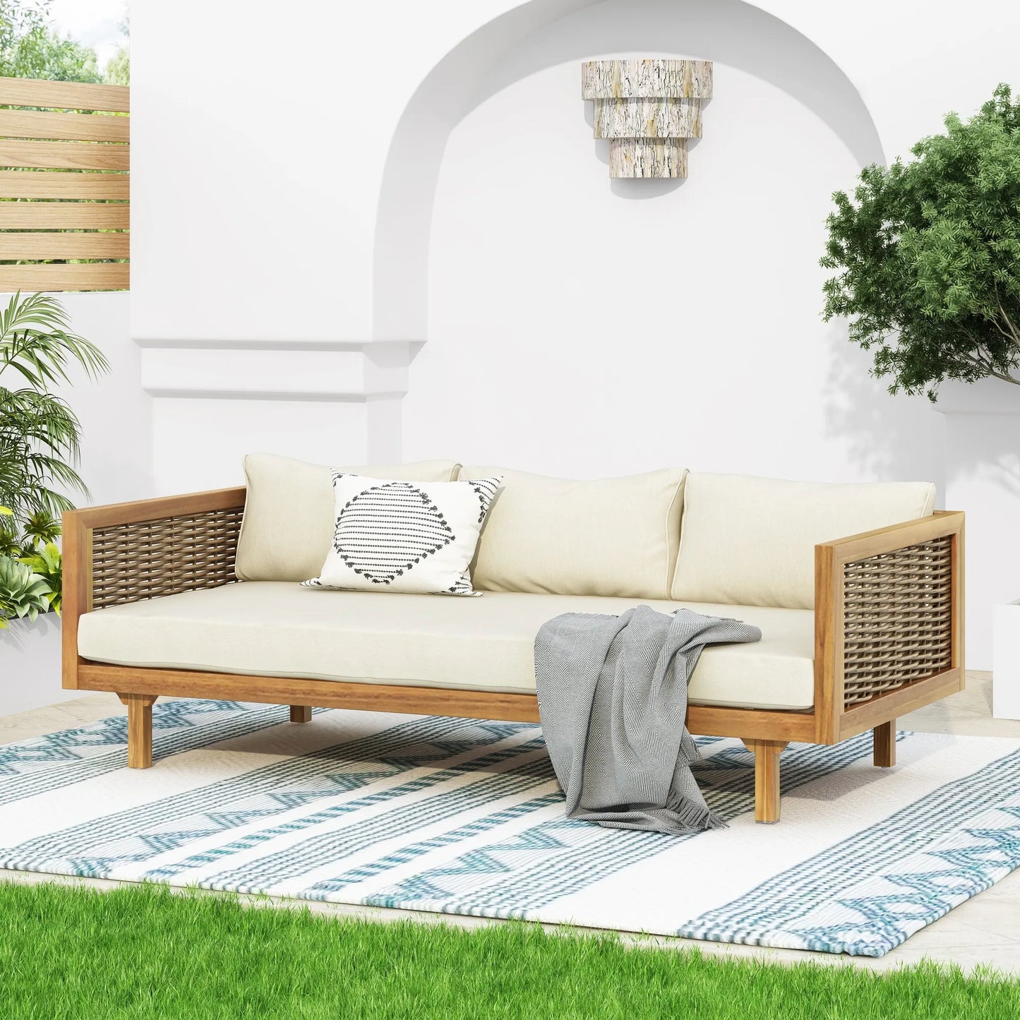 CLAREMONT 3 Seater Daybed with Rattan Arms Beige Cushion Acacia Wood – view 2
