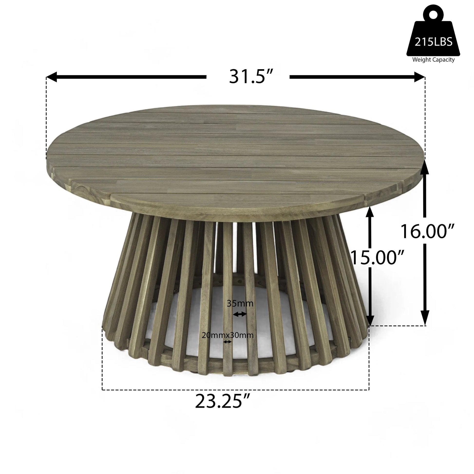 Outdoor Acacia Wood Patio Coffee Table, Round Coffee Table for Backyard, Lawn, Balcony,Grey Finish – view 2