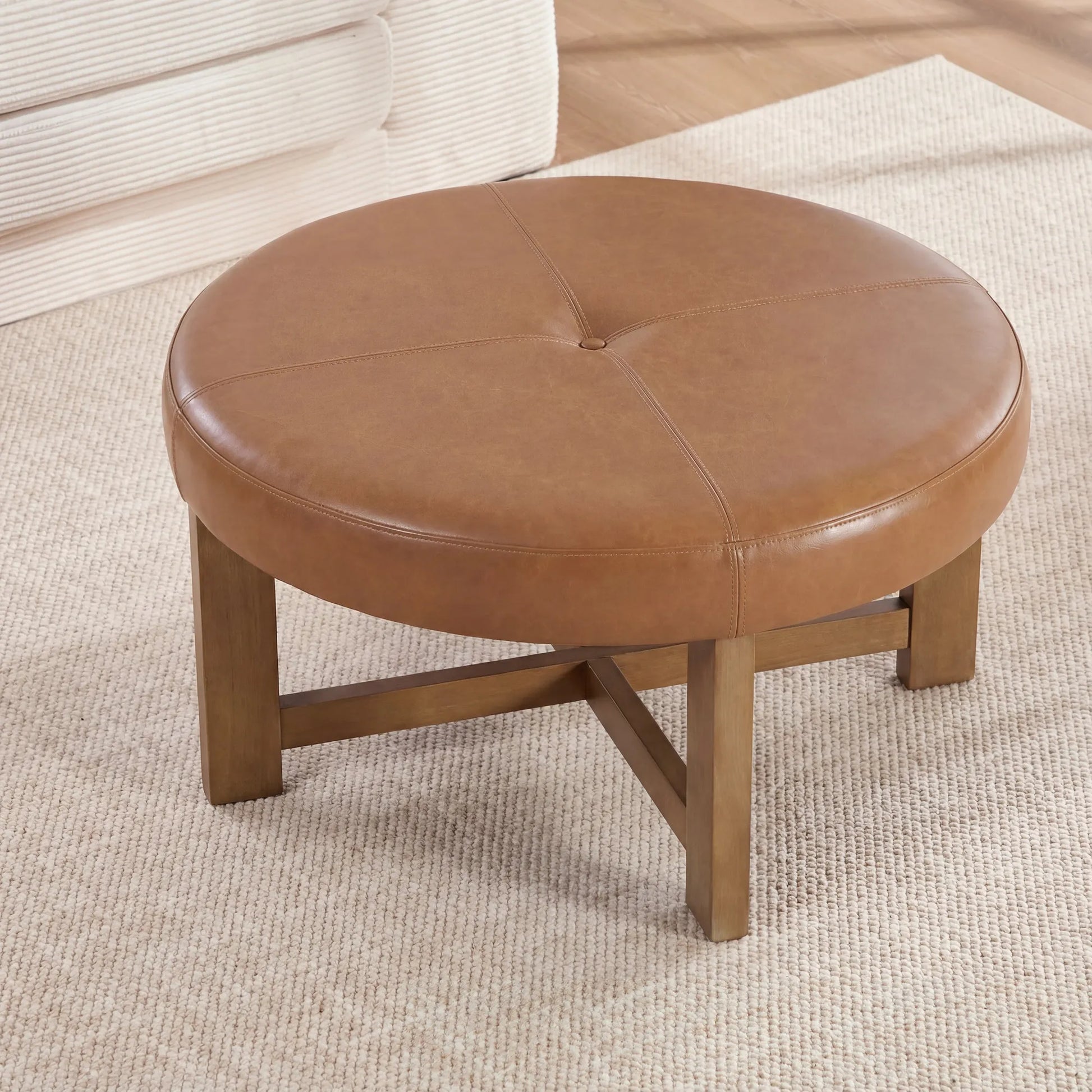 Round Leather Ottoman Coffee Table with Solid Wood Base, Tufted Faux Leather Upholstered Footrest, Brown Top with Walnut Finish Legs – view 2