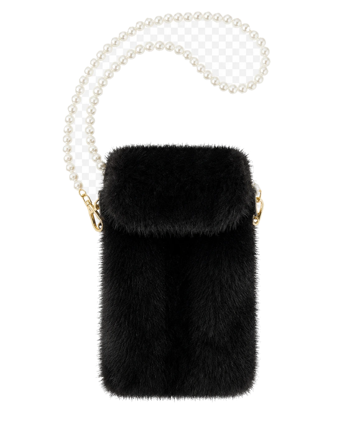 Natural Black genuine mink fur phone crossbody bag on transparent background