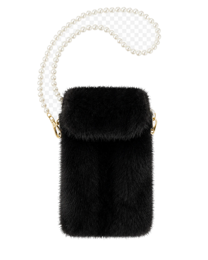 Natural Black genuine mink fur phone crossbody bag on transparent background