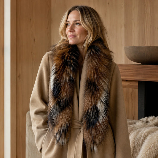 Natural Fox Mix genuine fox fur scarf worn with a neutral coat in a warm wood interior