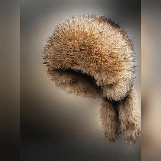 Natural raccoon fur trapper hat front view with ear flaps
