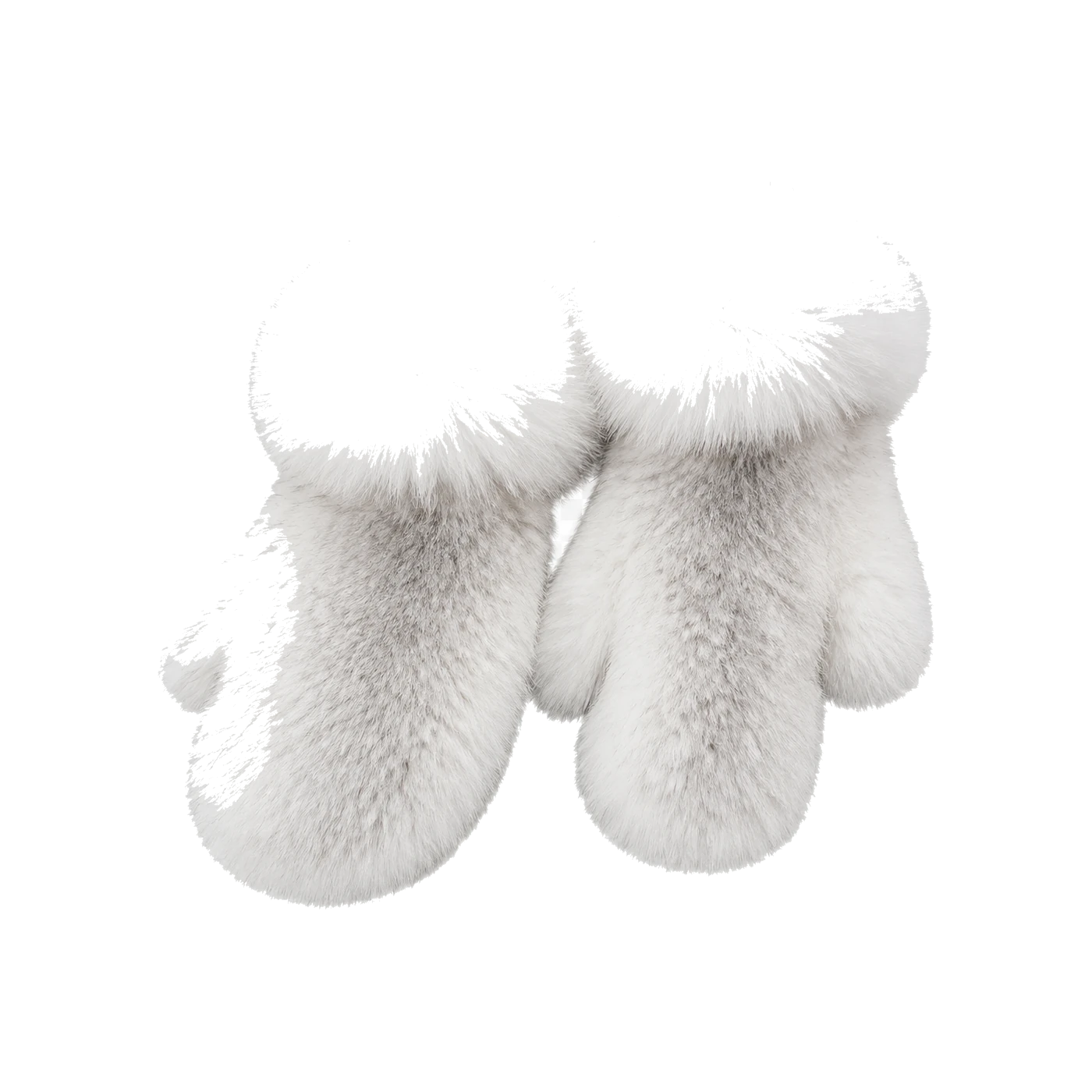 Ivory White genuine mink fur mittens with oversized fox fur cuffs on transparent background