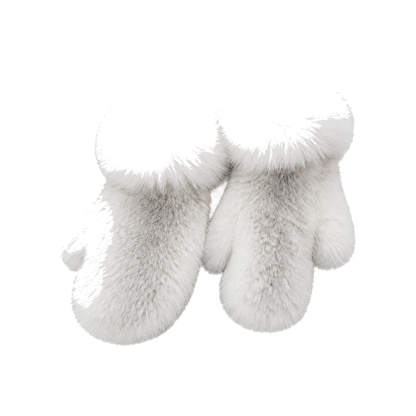 Ivory White genuine mink fur mittens with oversized fox fur cuffs on transparent background