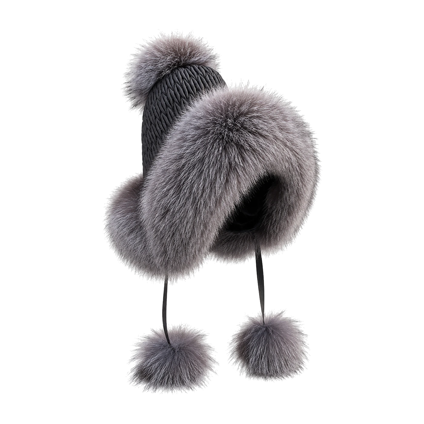 Silver Fox Gray genuine fox fur earflap trapper hat on transparent background