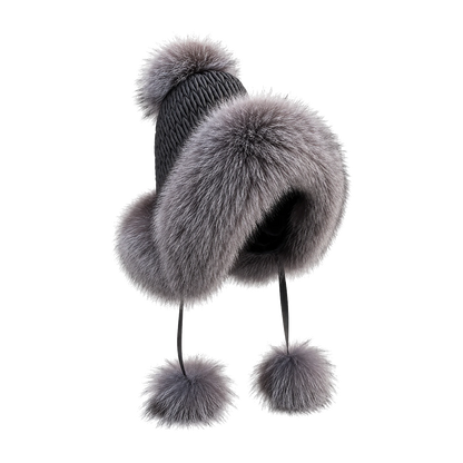 Silver Fox Gray genuine fox fur earflap trapper hat on transparent background
