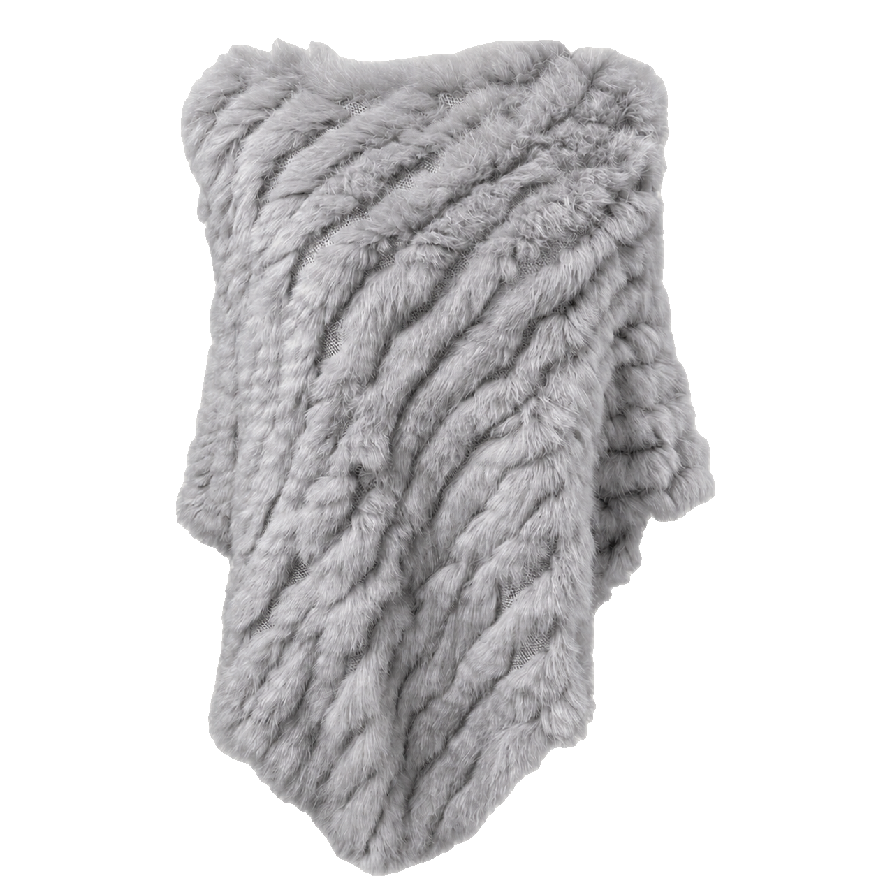 Light Gray handwoven genuine rabbit fur triangle poncho with raccoon fur collar on a transparent background