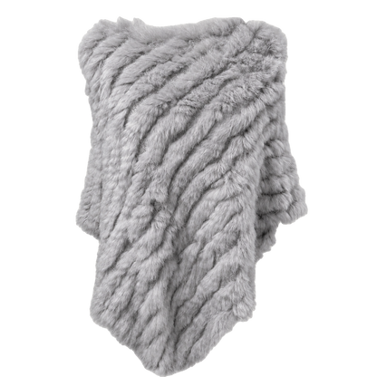 Light Gray handwoven genuine rabbit fur triangle poncho with raccoon fur collar on a transparent background