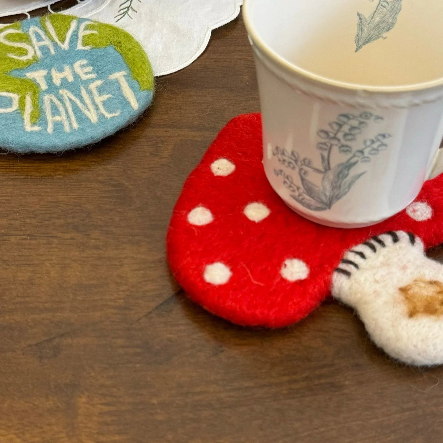Handmade Red Mushroom Wool Felt Coaster With Cup