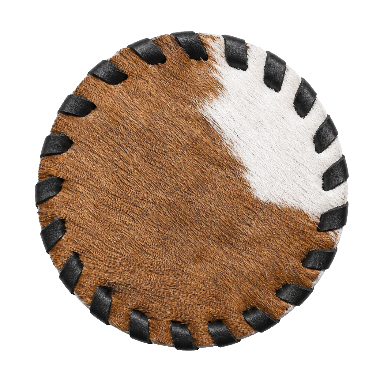 Single round genuine cowhide coaster with hand-laced dark leather edge on transparent background