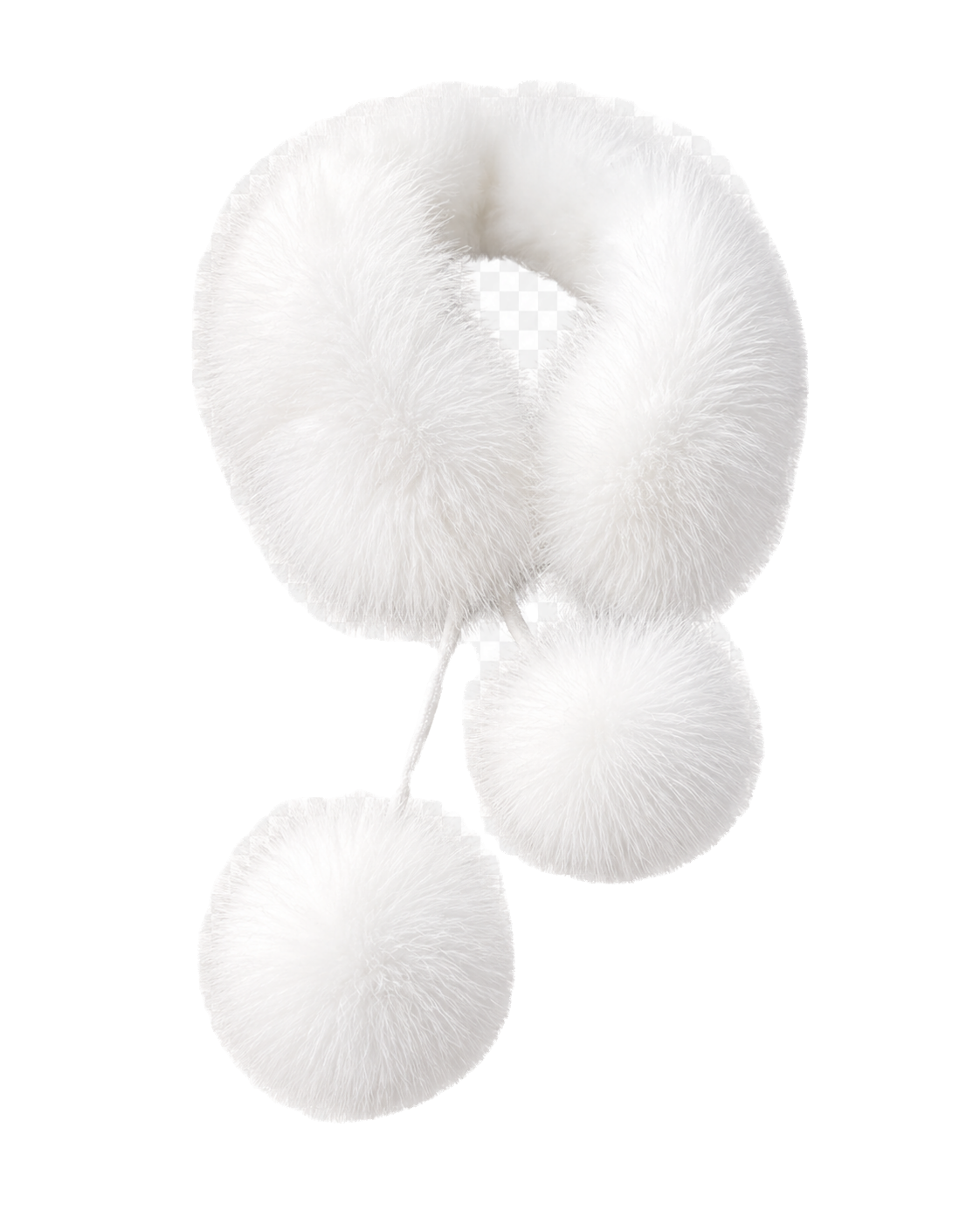 Snow White genuine fox fur loop scarf with rabbit fur lining and two pom-poms on transparent background