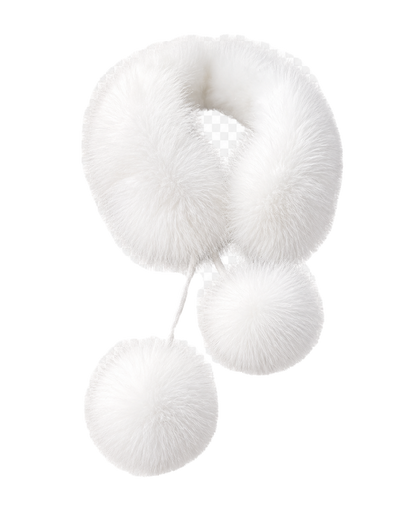 Snow White genuine fox fur loop scarf with rabbit fur lining and two pom-poms on transparent background