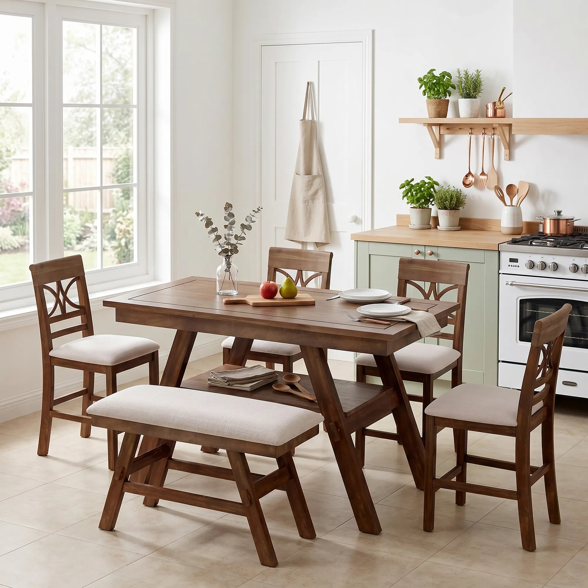 6-Piece Wood Counter Height Dining Table Set with Storage Shelf, Kitchen Table Set with Bench and 4 Chairs,Rustic Style, Walnut+Beige Cushion (old – view 2