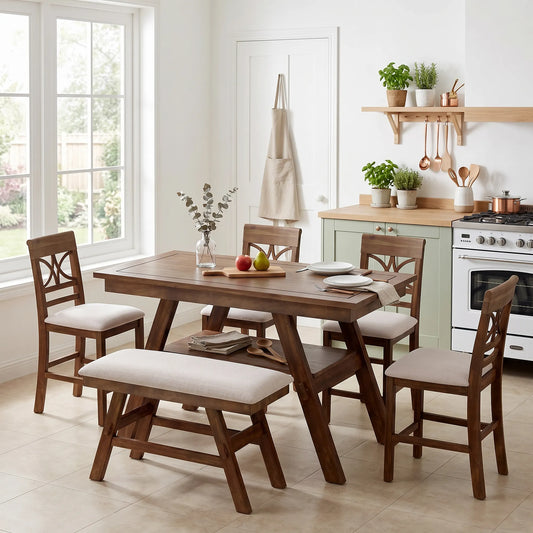 6-Piece Wood Counter Height Dining Table Set with Storage Shelf, Kitchen Table Set with Bench and 4 Chairs,Rustic Style, Walnut+Beige Cushion (old – view 2