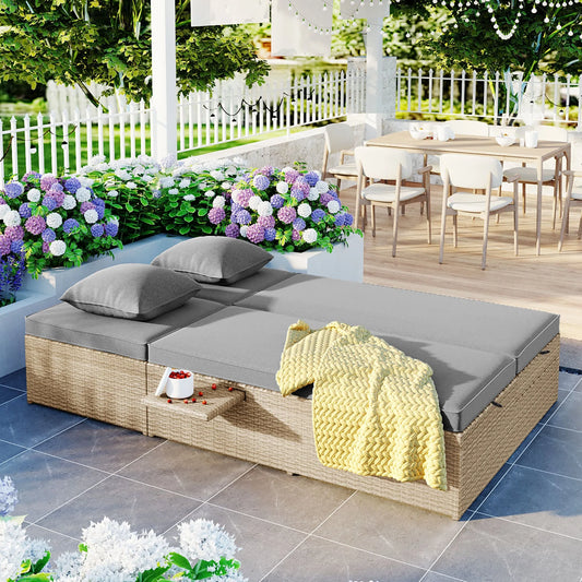 Outdoor Double Sunbed, Wicker Rattan Patio Reclining Chairs with Adjustable Backrest and Seat, Conversational Set for 2 Person, Brown – view 2