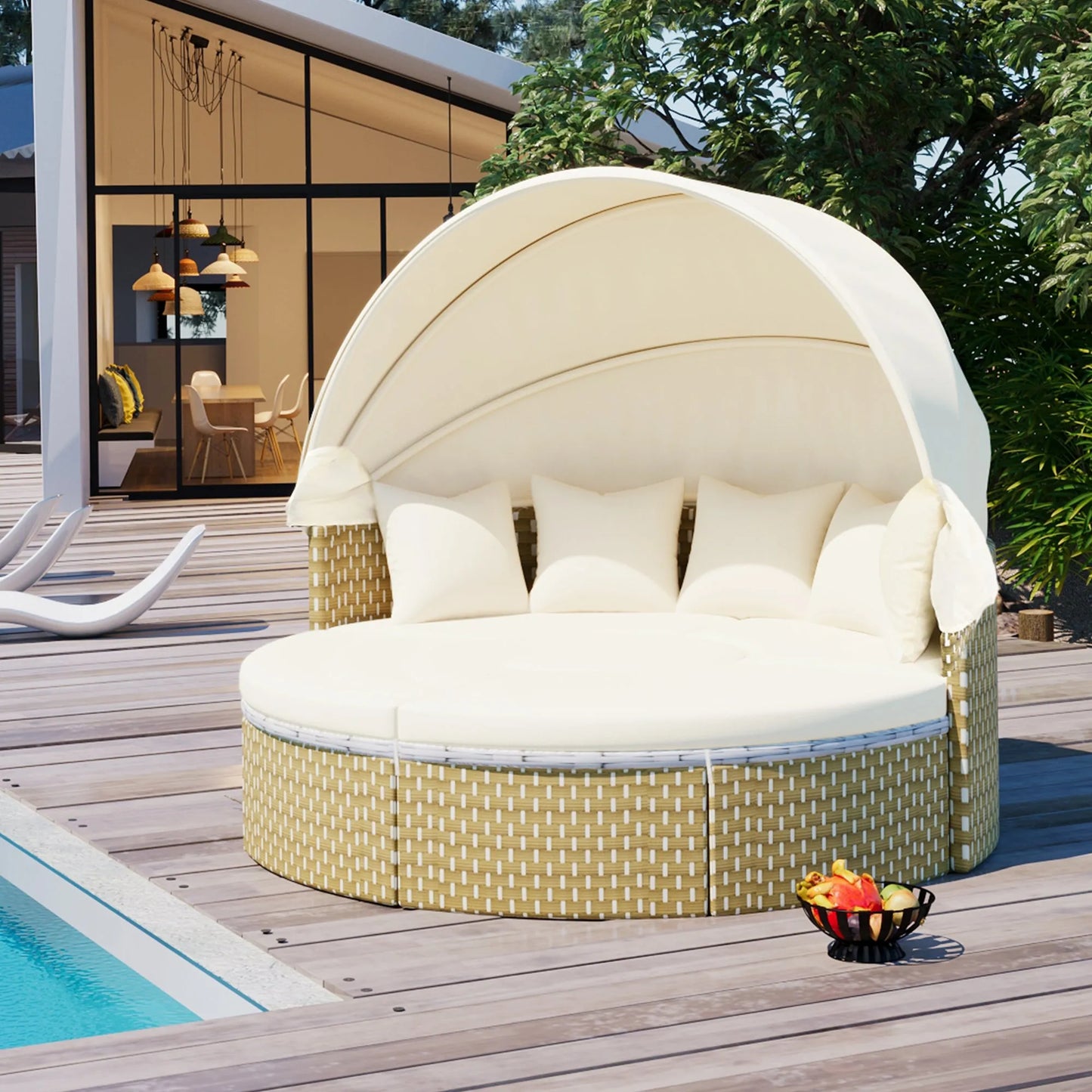 Patio Furniture Round Outdoor Sectional Sofa Set Rattan Daybed Two-Tone Weave Sunbed with Retractable Canopy, Separate Seating and Removable Cushion – view 2