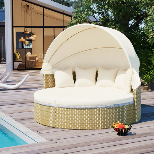 Patio Furniture Round Outdoor Sectional Sofa Set Rattan Daybed Two-Tone Weave Sunbed with Retractable Canopy, Separate Seating and Removable Cushion – view 2
