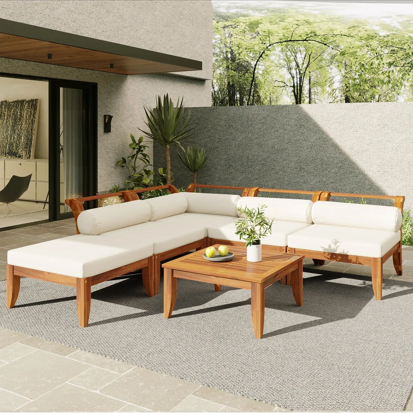 6 Piece Patio Sofa Set, Acacia Wood Outdoor Modular Sectional Garden Furniture Set L-Shaped Conversation Set, Convertible Daybed with Tea Table – view 2