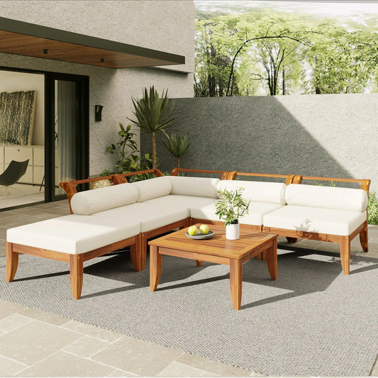6 Piece Patio Sofa Set, Acacia Wood Outdoor Modular Sectional Garden Furniture Set L-Shaped Conversation Set, Convertible Daybed with Tea Table – view 2