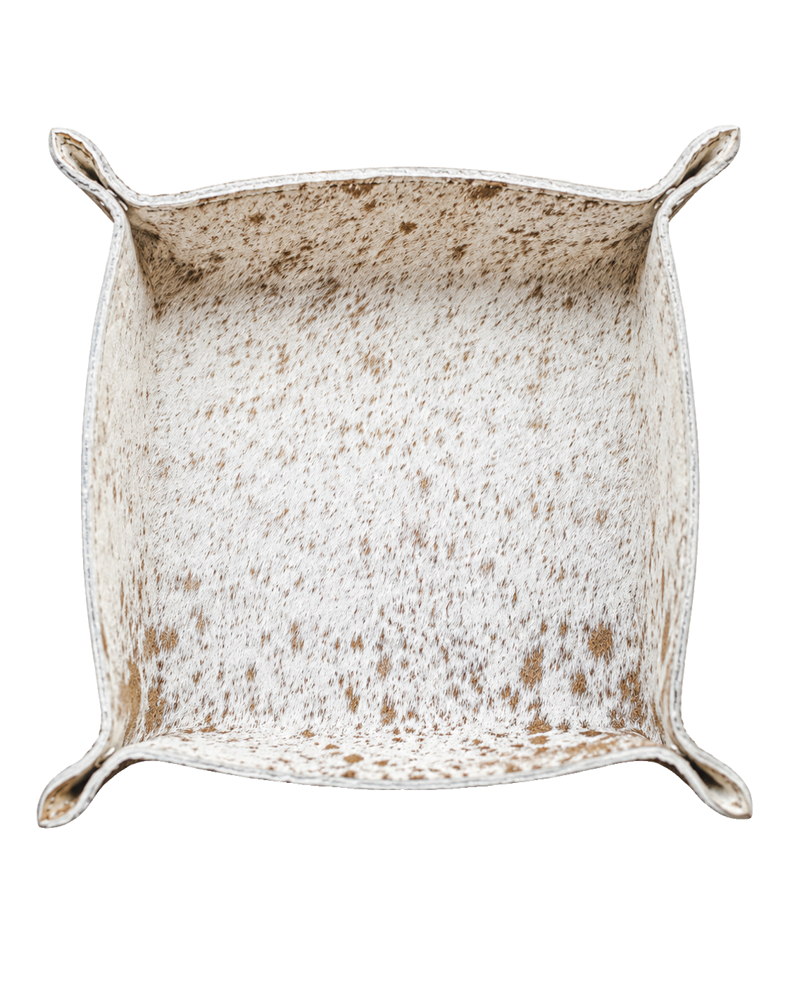 Speckled ivory and tan genuine cowhide valet tray on transparent background