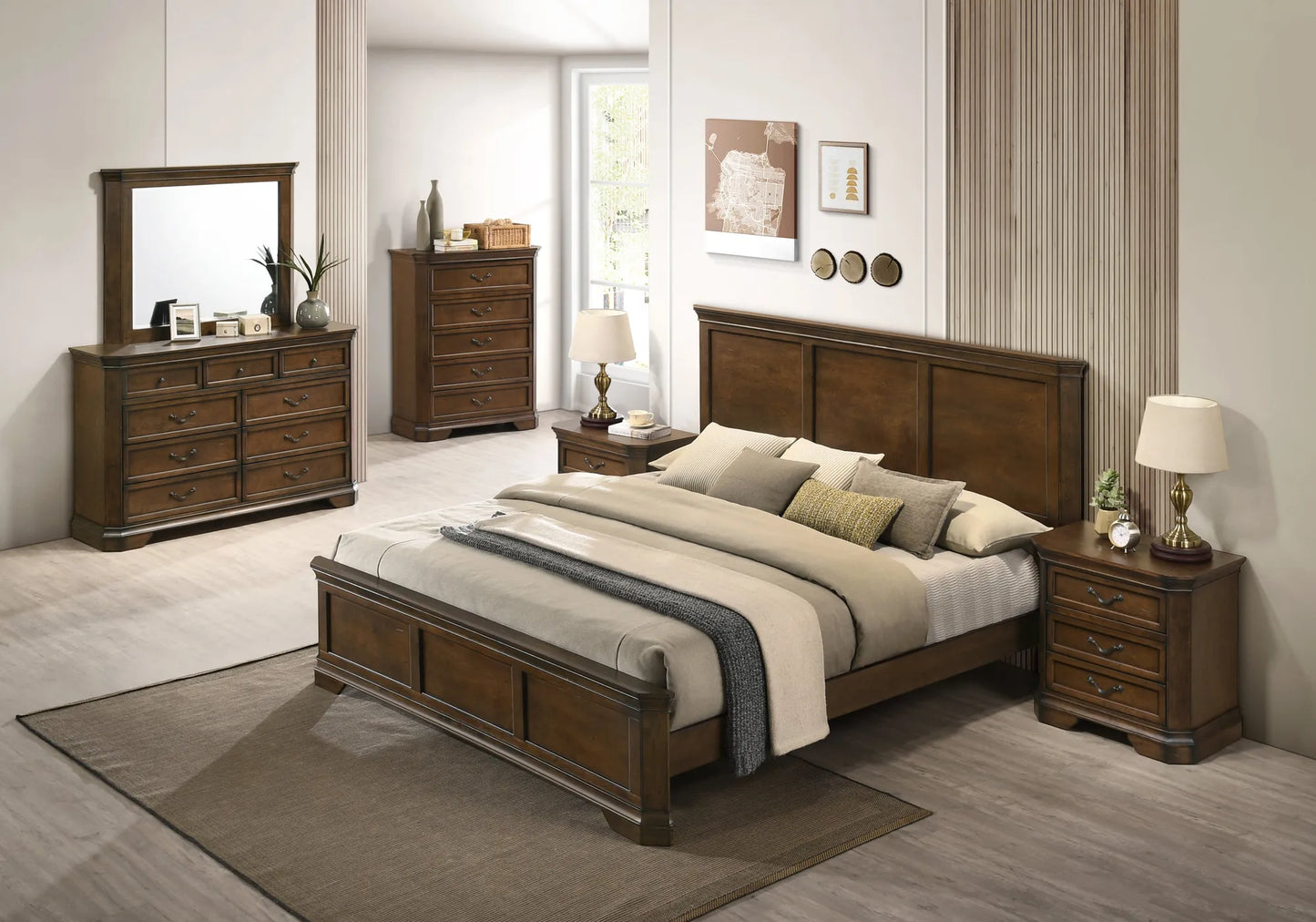 Maderne Traditional Wood Panel 6 pieces King Bed set with Dresser, Mirror, Two Nightstands, Chest – view 2