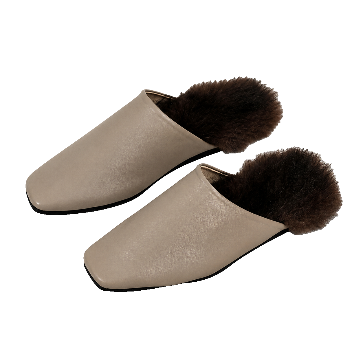 Taupe Gray genuine mink fur-trim closed-toe mule slippers on a transparent background