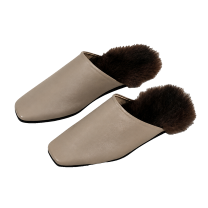 Taupe Gray genuine mink fur-trim closed-toe mule slippers on a transparent background