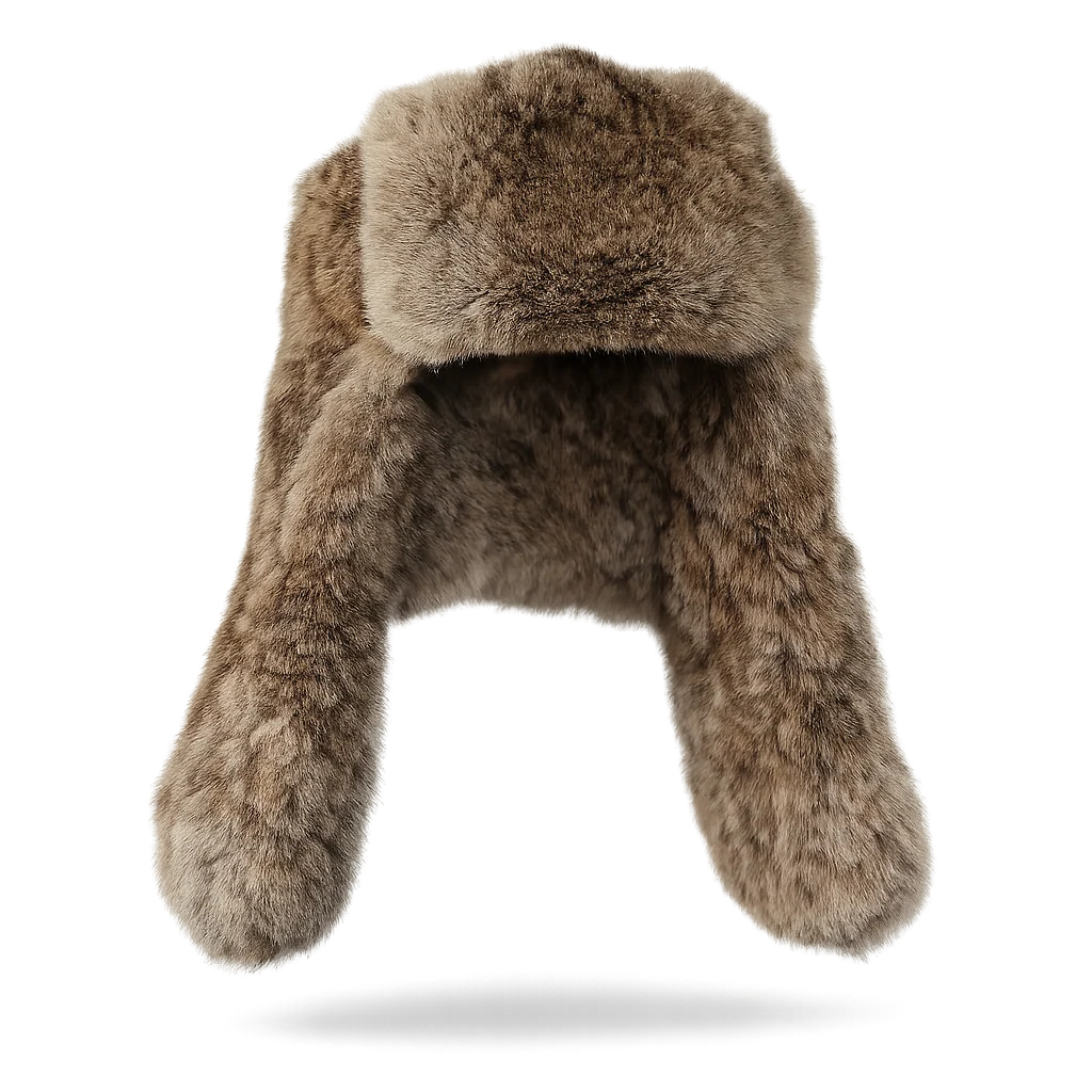 Taupe rabbit fur trapper hat with full ear flaps, front view