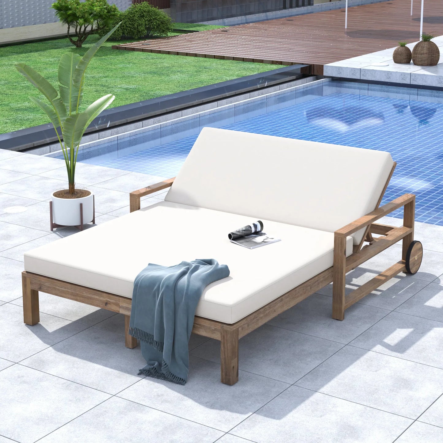 1-Piece Farmhouse-styled Wooden Outdoor Sunbed for Ultimate Relaxation Outdoor Daybed Seating 2 People for Poolside, Garden and Backyard (Beige) – view 2