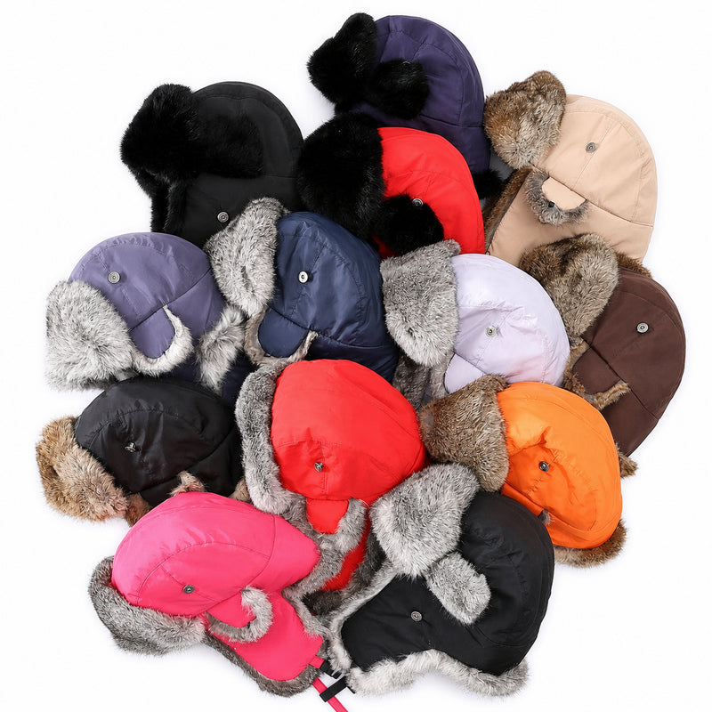 Assorted colors of unisex rabbit fur trim trapper hats