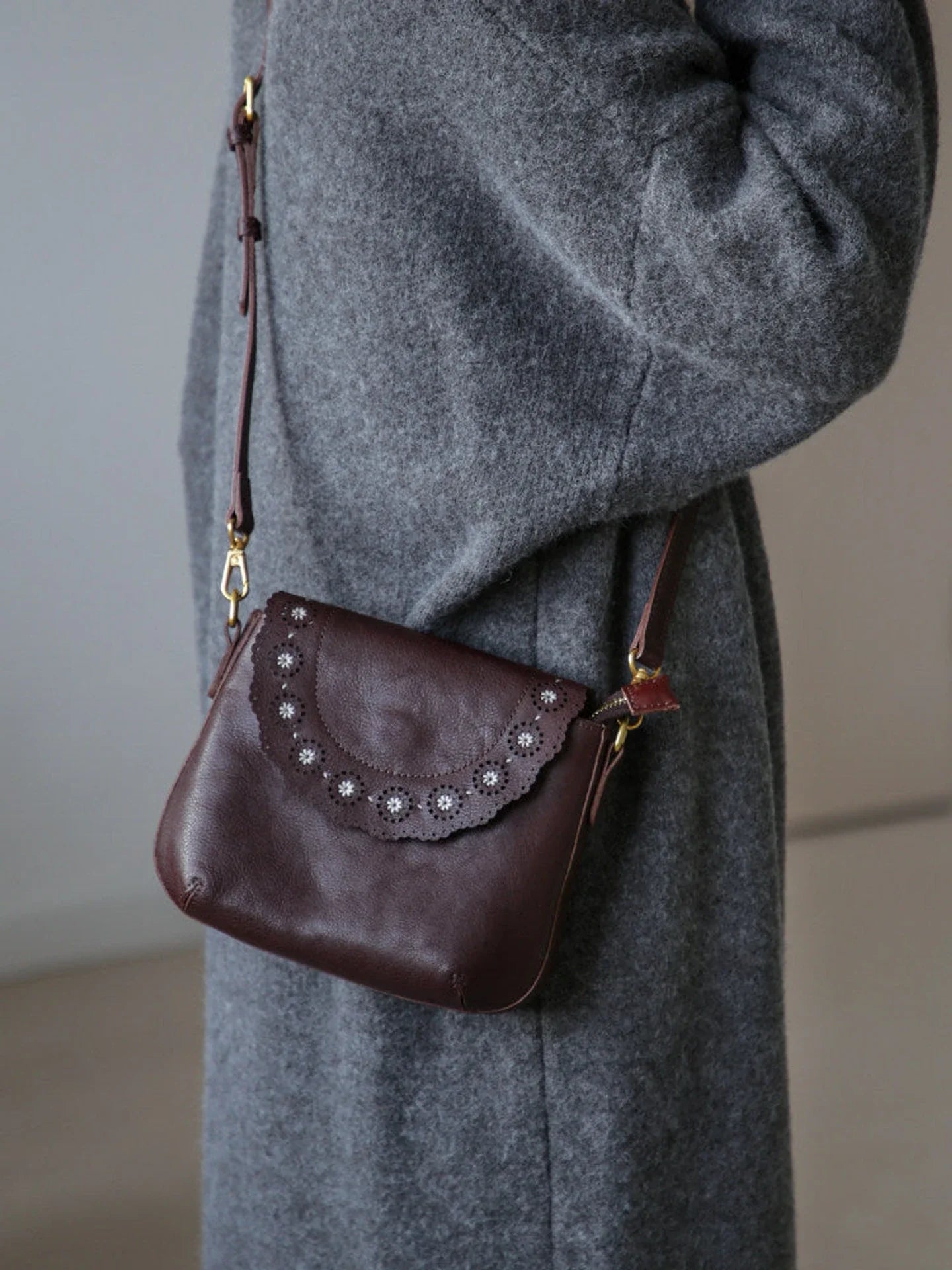 Deep coffee brown vegetable-tanned leather scalloped crossbody bag