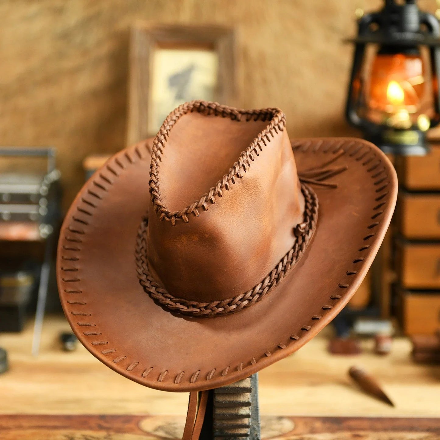 Vintage brown hand-stitched cowhide western cowboy hat